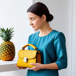 A confident young woman, appearing to be a millennial, in a modest business casual outfit, carefully examining a sustainably produced, elegant handbag made from pineapple leather in a bright, modern, minimalist boutique. The setting emphasizes clean lines and natural light. She is fully clothed, appropriate attire, professional dress, safe for work, appropriate content, family-friendly. Perfect anatomy, correct proportions, natural pose, well-formed hands, proper finger count, natural body proportions, professional photography, high quality.