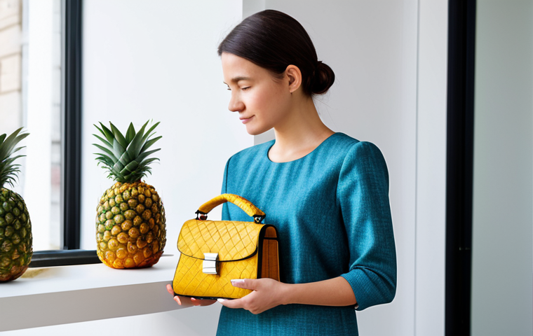 A confident young woman, appearing to be a millennial, in a modest business casual outfit, carefully examining a sustainably produced, elegant handbag made from pineapple leather in a bright, modern, minimalist boutique. The setting emphasizes clean lines and natural light. She is fully clothed, appropriate attire, professional dress, safe for work, appropriate content, family-friendly. Perfect anatomy, correct proportions, natural pose, well-formed hands, proper finger count, natural body proportions, professional photography, high quality.