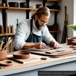 지속가능한 악세서리 브랜드의 글로벌 확장 전략 - A close-up shot of a Scandinavian artisan workshop featuring a skilled craftsman handcrafting eco-fr...