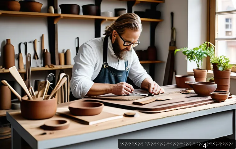 지속가능한 악세서리 브랜드의 글로벌 확장 전략 - A close-up shot of a Scandinavian artisan workshop featuring a skilled craftsman handcrafting eco-fr...