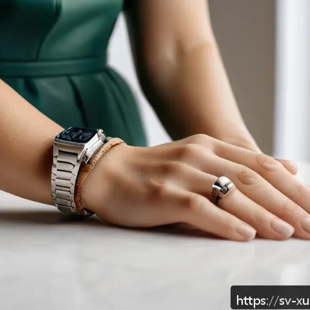 지속가능한 패션  악세서리의 역할 - A close-up shot of a Scandinavian woman’s hand wearing multiple eco-friendly accessories: recycled s...