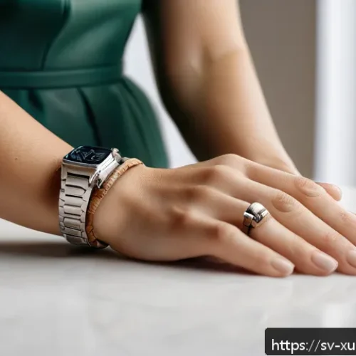 지속가능한 패션  악세서리의 역할 - A close-up shot of a Scandinavian woman’s hand wearing multiple eco-friendly accessories: recycled s...