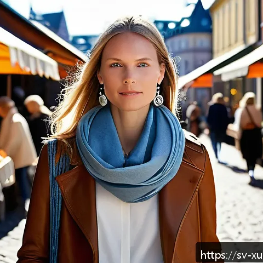 지속가능한 악세서리 브랜드의 패션쇼 - A stylish Swedish woman walking through a picturesque Stockholm street market, wearing a chic outfit...
