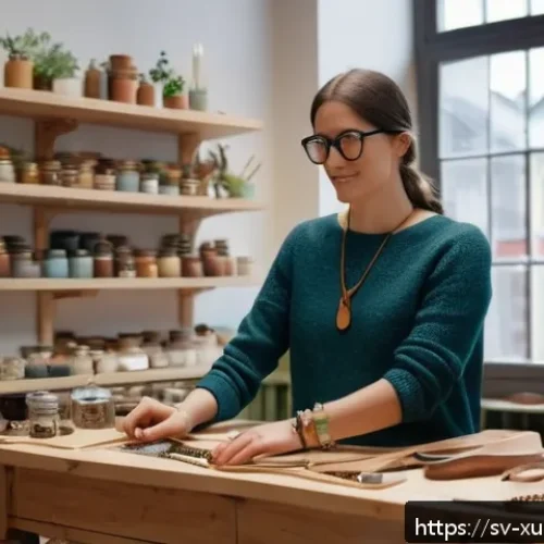 지속가능한 악세서리 브랜드와 지역사회 - A cozy artisan workshop scene in Gothenburg, Sweden, featuring a local craftsman carefully handcraft...