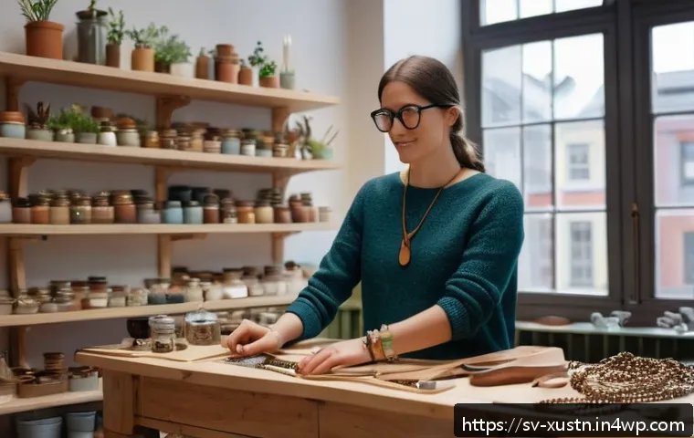 지속가능한 악세서리 브랜드와 지역사회 - A cozy artisan workshop scene in Gothenburg, Sweden, featuring a local craftsman carefully handcraft...