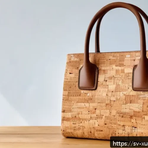소재별 지속가능한 악세서리 특징 - A stylish eco-friendly handbag crafted from natural cork material, displayed on a rustic wooden tabl...