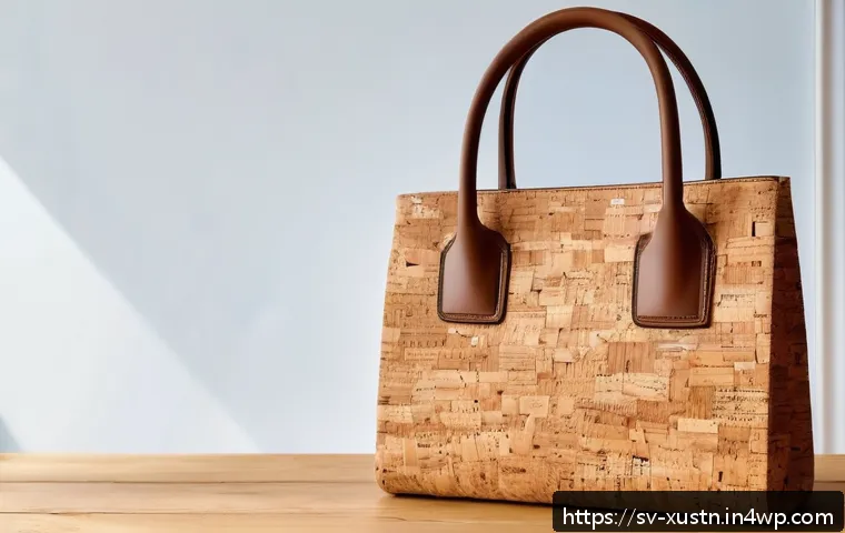 소재별 지속가능한 악세서리 특징 - A stylish eco-friendly handbag crafted from natural cork material, displayed on a rustic wooden tabl...