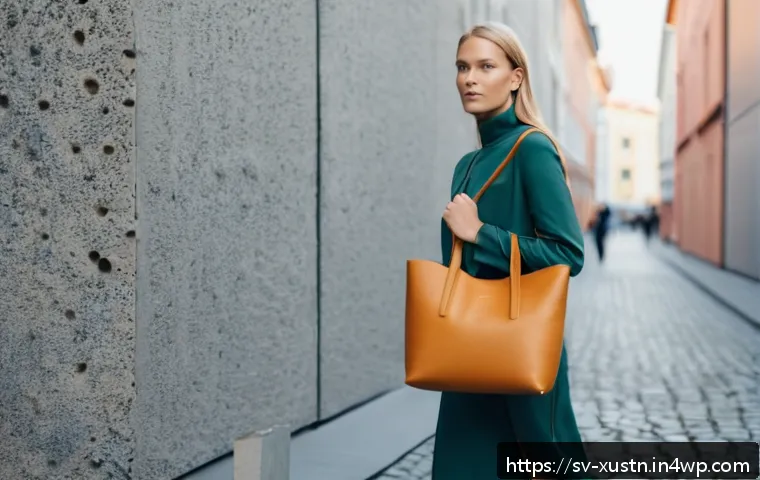 악세서리 브랜드의 지속가능성을 위한 협력 - A stylish Scandinavian woman carrying a sustainable handbag made from mycelium leather, standing in ...