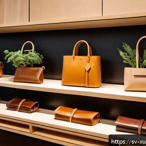 지속가능한 악세서리 디자인 트렌드 - A stylish sustainable accessory showcase featuring eco-friendly leather handbags and belts made from...