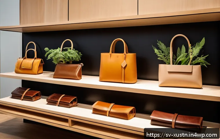지속가능한 악세서리 디자인 트렌드 - A stylish sustainable accessory showcase featuring eco-friendly leather handbags and belts made from...